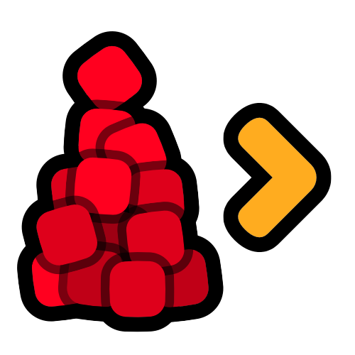 a stack of red cubes, an orange 'greater than' sign to its right, drawn in simplistic style with thick black outlines.